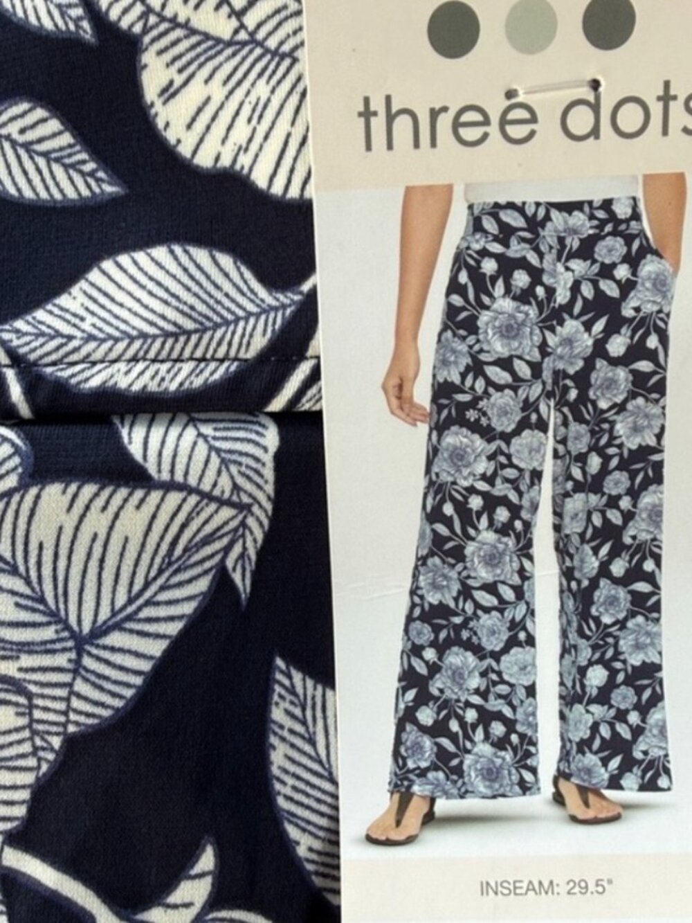 Women's Three Dot Wide-Leg Pull-On Floral Print Pants, Navy & White